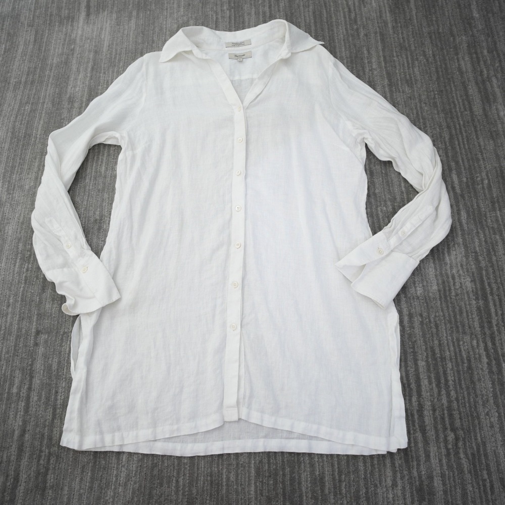 Faconnable Button Up Shirt Women 100% Linen Tunic White Solid Long Sleeve XL